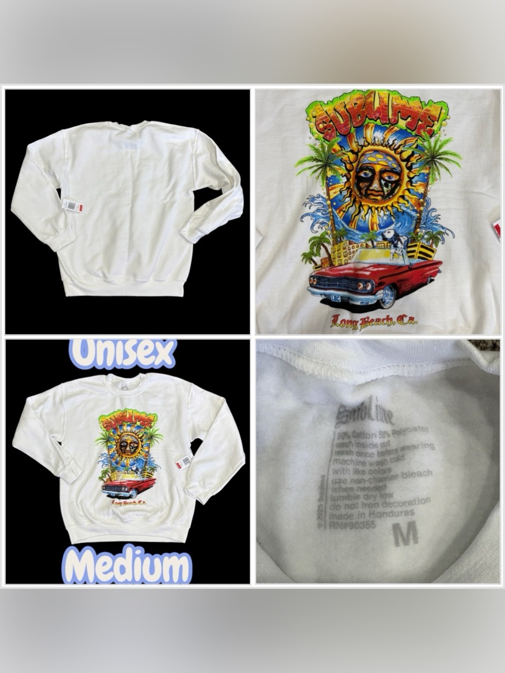 Sublime Medium 8 10 White Fleece Sweatshirt Crew Pullover Long Sleeve Colorful